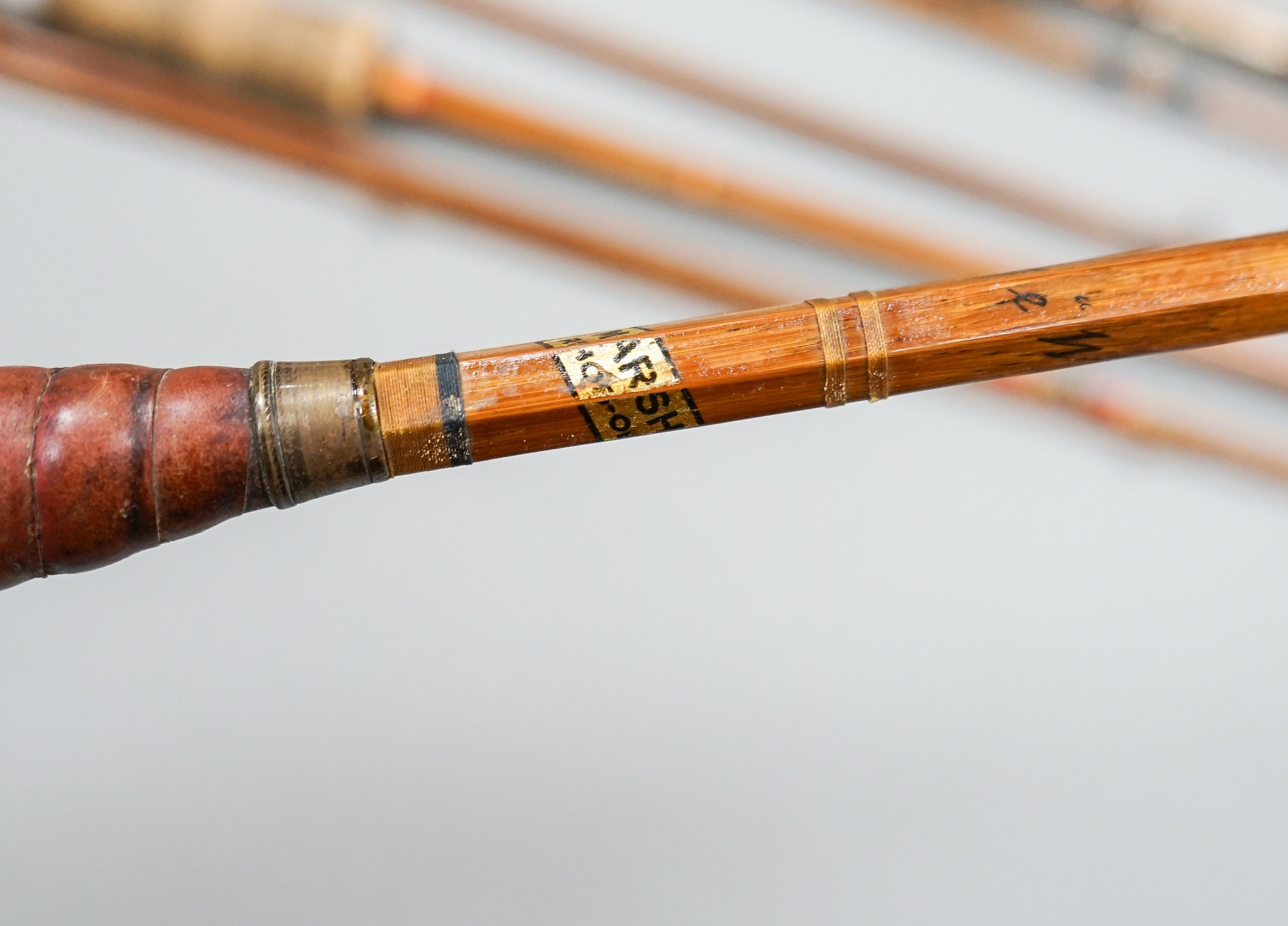 A collection of mixed split cane fishing rods, Les Compton, Elasticane, Carton-James and another (4)